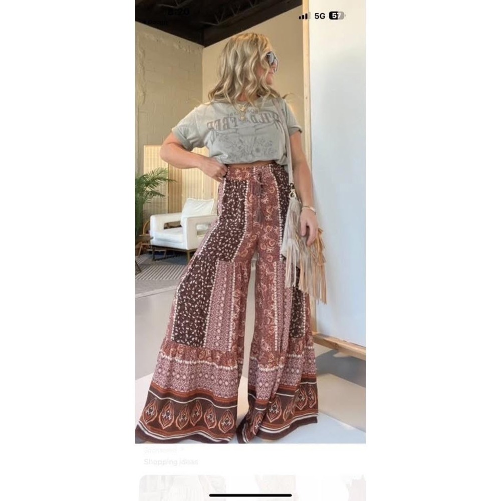 Chic by AllyBCollection Boho‎ Patchwork Wide Leg Pants Brown Rust Small NWT